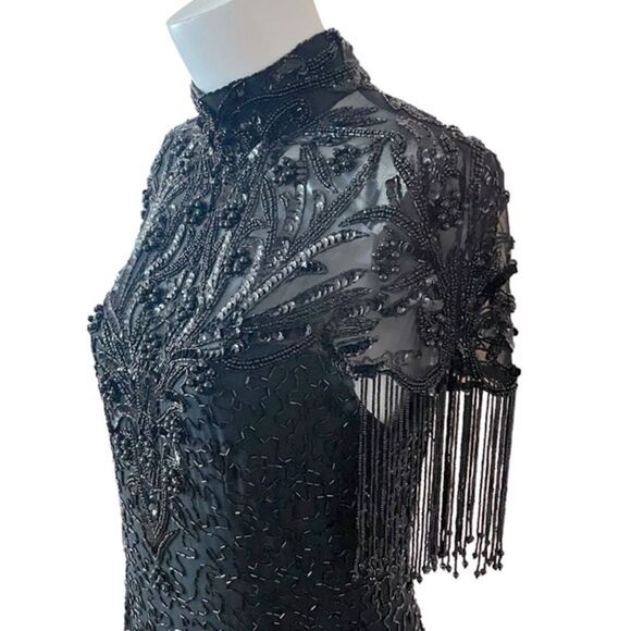 Vintage Nite Line Silk Beaded Fringe Cocktail Dress - Picture 5 of 13